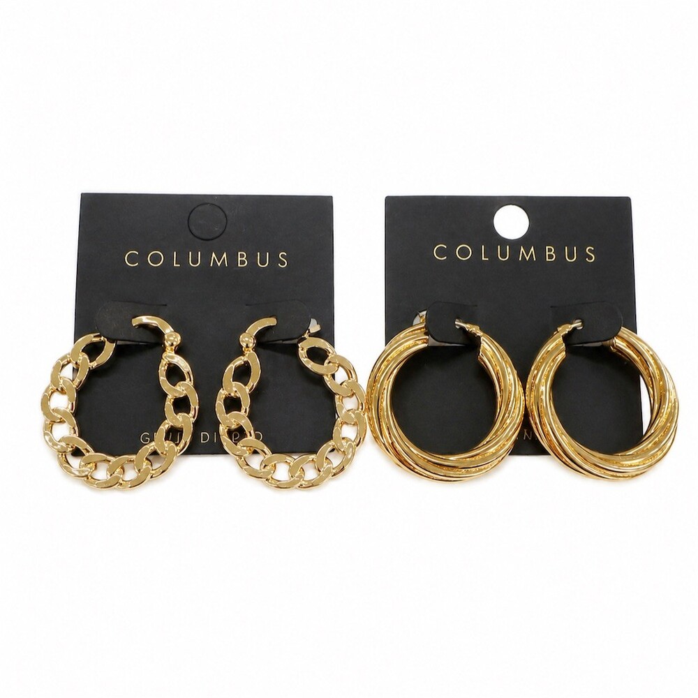 2 pairs Columbus gold dipped brass Hoop Earrings lot Gold Chain Link Ring
